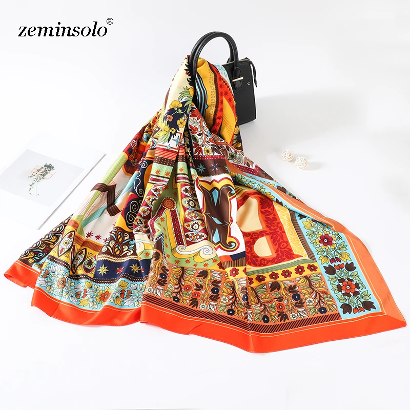 Fashion 100% Silk Scarf Women Large Shawls Stoles Printed Square Scarves Echarpe Foulard Femme Wraps Scarves Bandana 130*130cm jinjin qc 2019 new fashion women viscose scarf rose printed bandana jilbab instan muslim hijab jersey scarves foulard femme