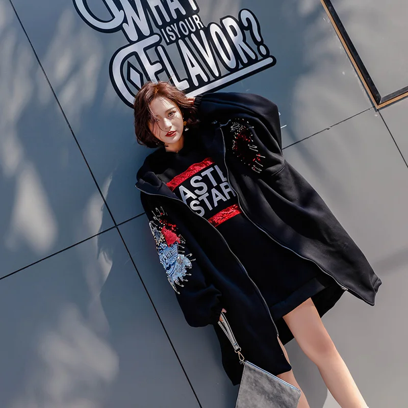 Длинная Куртка оверсайз женская весенняя модная расшитая блестками флисовая