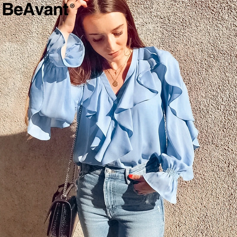 BeAvant v образным вырезом гофрированная винтажная блузка рубашка для женщин фонарь