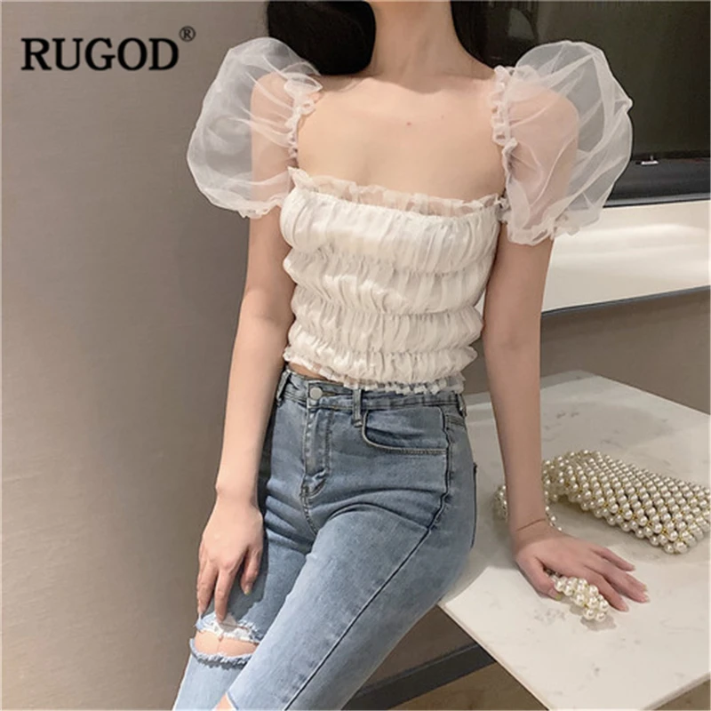 RUGOD/Летняя женская однотонная плиссированная короткая рубашка с квадратным