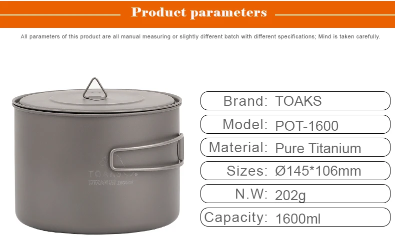TOAKS 1.6L титановая кухонная посуда для приготовления пищи для пикника на открытом воздухе кемпинга титановая сковорода набор кастрюль портативная кухонная посуда Складная ручка