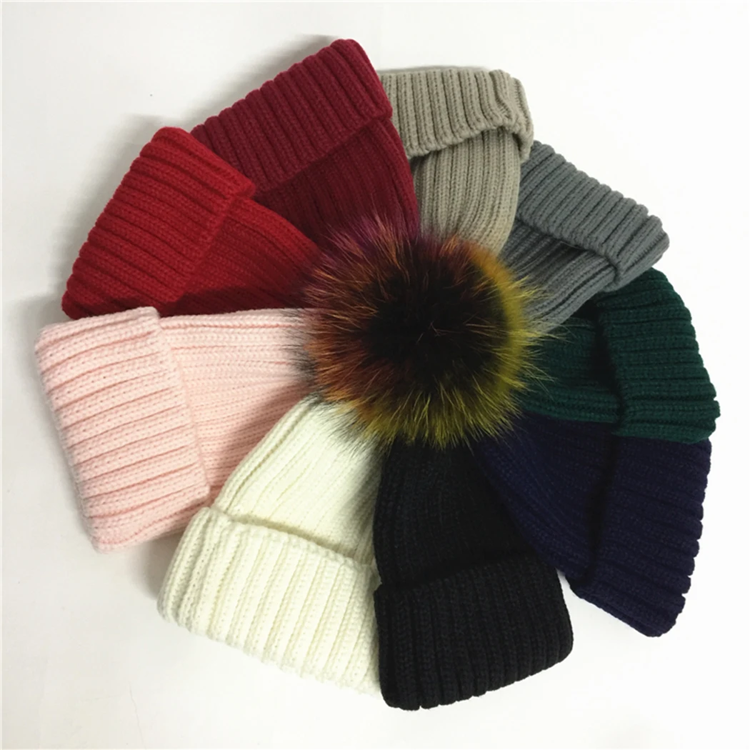 Цветная шляпа с помпоном из натурального меха енота модная женская зимняя теплая