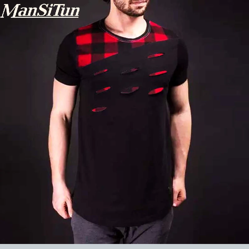 2019 New Mens Ripped Hip Hop Tee Shirts Plaid Patchwork Distressed Streetwear Extended T Shirt Summer Longline Tshirt