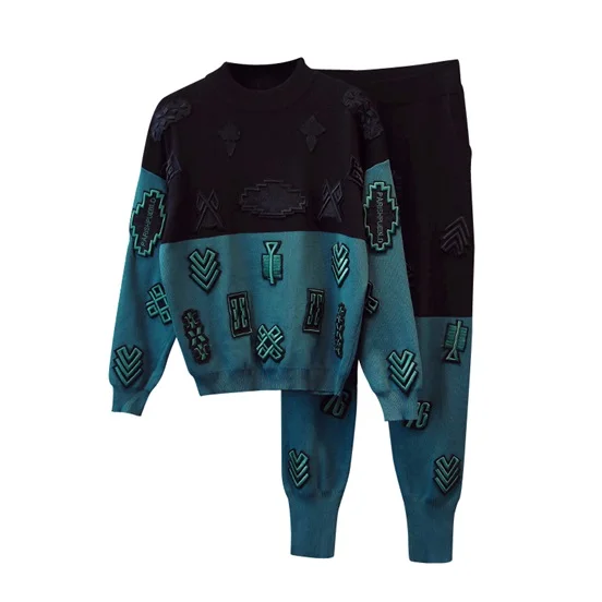 Fashion applique embroidery color matching knit suit women's spring and autumn new temperament leisure two-piece