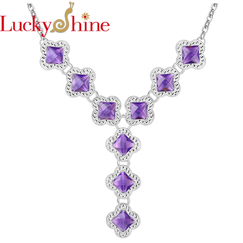 Luckyshine Цветочные квадратные огненные фиолетовые кубические циркониевые ожерелья