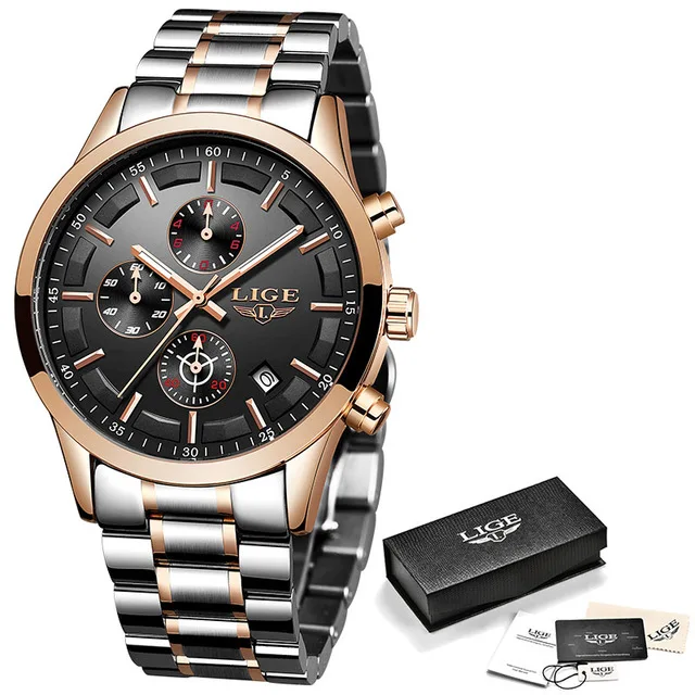 Rose gold black-S Новые мужские часы LIGE мужские модные роскошные все стальной ремешок водонепроницаемые кварцевые часы для мужчин спортивные часы Relogio Masculino+ коробка - Цвет: Rose gold black-S
