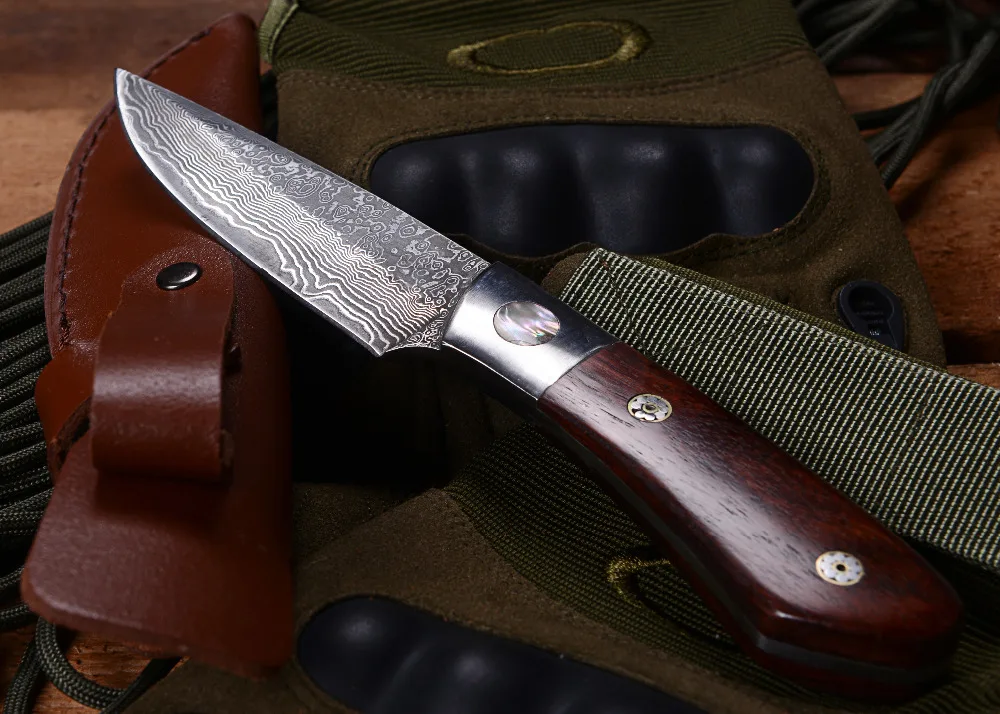 Дамаск Полный Тан деревянной ручкой Тактический маленький прямой нож для