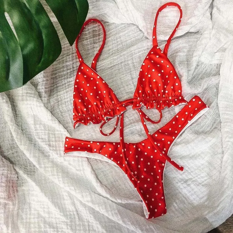 Женский купальник в горошек комплект бикини с пуш апом красный купальный костюм