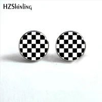 ed 0015 new design black and white checkerboard stud earrings handmade glass dome earring hypoallergenic steel studs hz4
