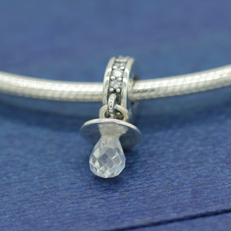 925 Sterling Silver Dangle Charm Baby Pacifier with CZ Bead Fit Original Pandora Charm Bracelet Necklace Making