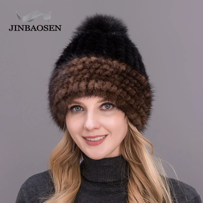 JINBAOSEN новая Толстая шапка женская зимняя вязаная с помпоном из лисьего меха