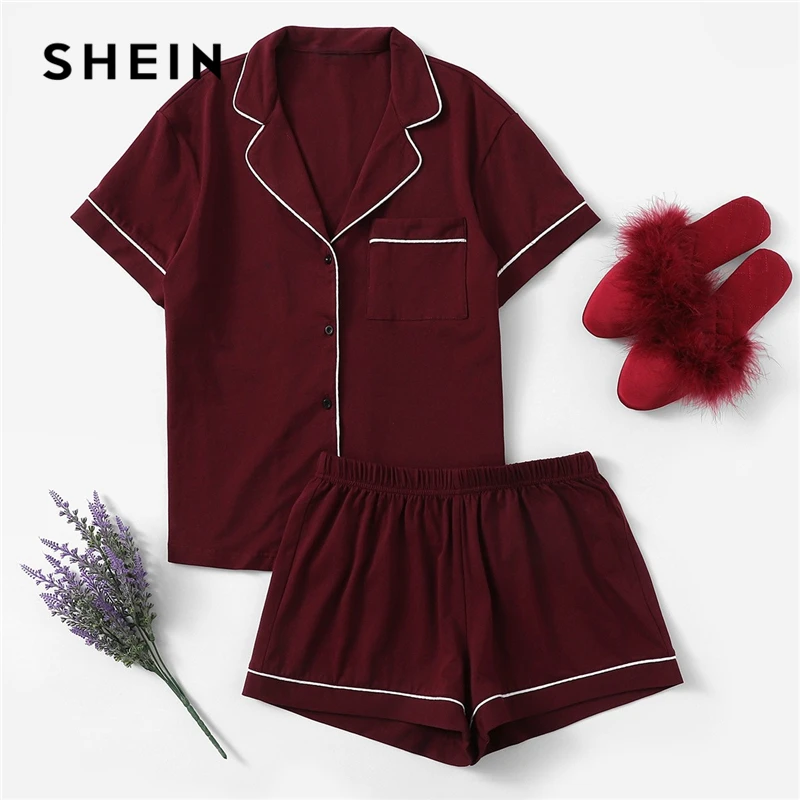 SHEIN контрастная окантовка карман спереди пижамный комплект черный короткий рукав топ с отворотом с эластичной талией шорты женские комплекты из двух предметов