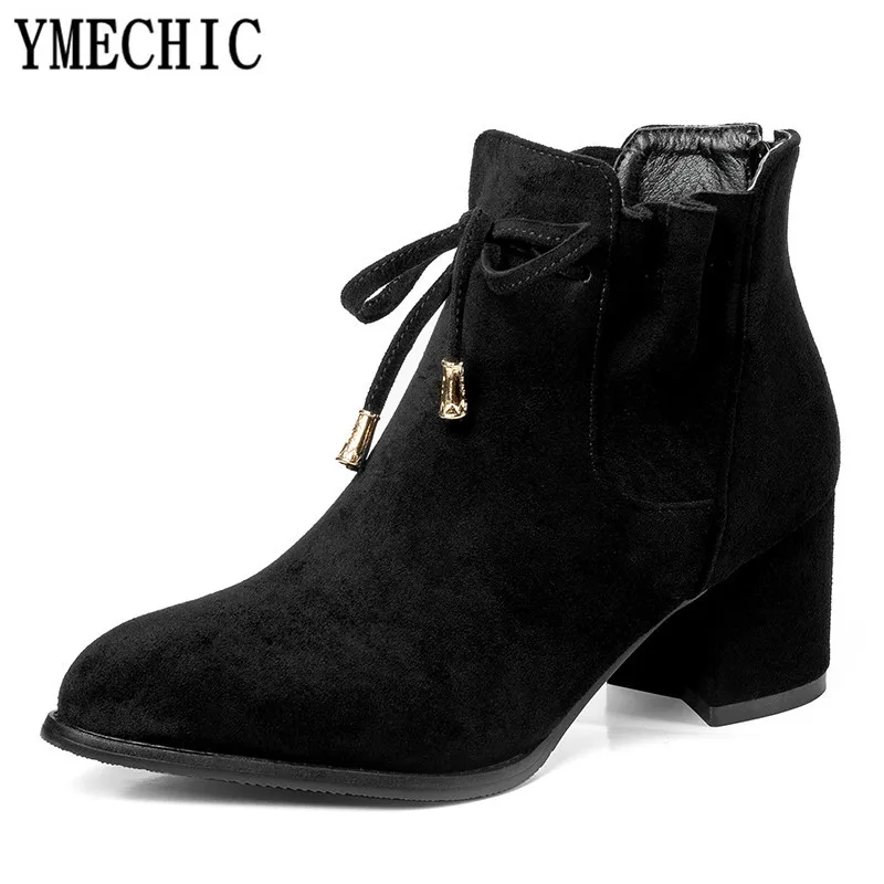 YMECHIC 2018 модные замшевые ботильоны на высоком блочном каблуке желтые серые черные