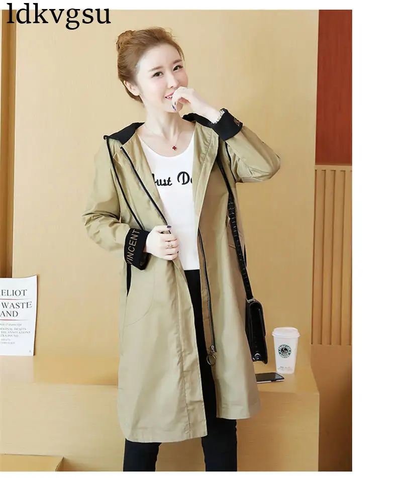 New Windbreaker Female Long Section Spring Autumn Jackets Women Korean Large Size Loose Hooded Casual Coat Ladies V307