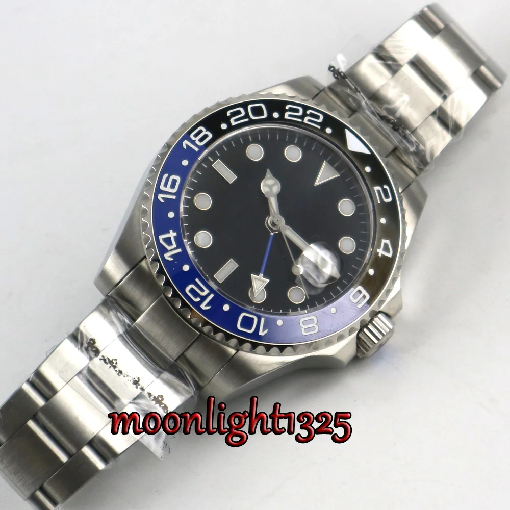 Роскошные брендовые механические часы 43 мм черный стерильный циферблат GMT синий