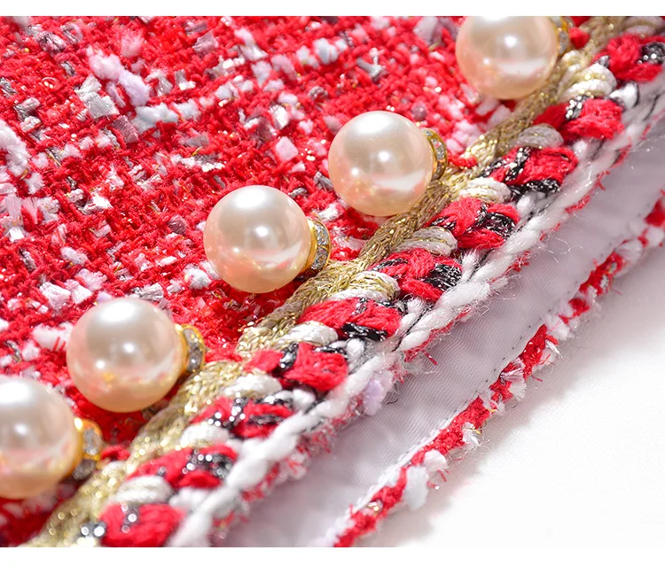 

High Quality 2020 Autumn Winter Dress chic Women V Neck Sleeveless Pearls Tweed Birthday Gift Party Dresses Vestido
