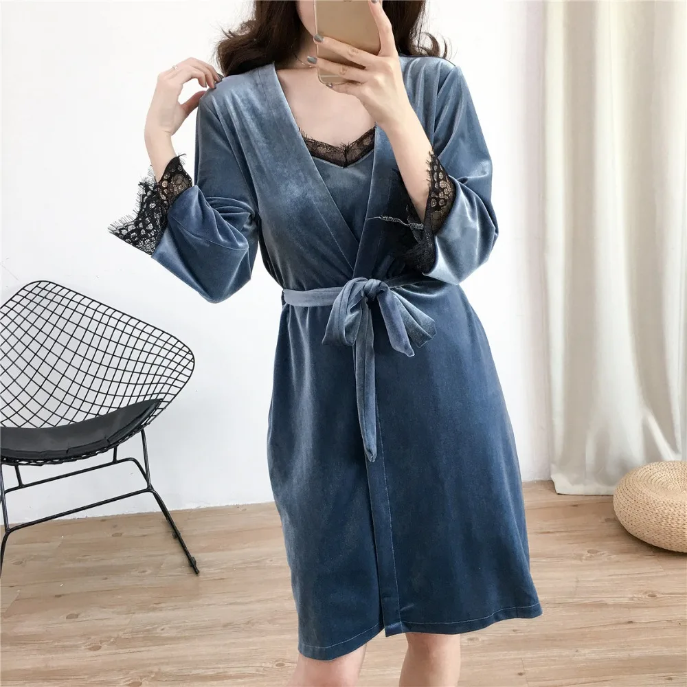 Халат женский осенне зимний с длинным рукавом и кружевом|Комплекты халатов