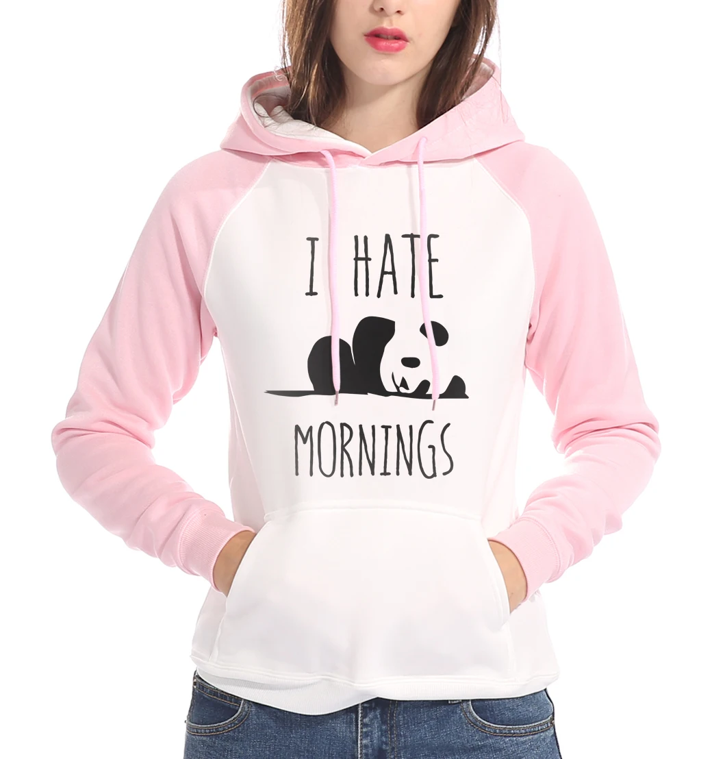 Женская толстовка с капюшоном Panda I HATE MORNINGS флисовая длинным рукавом реглан