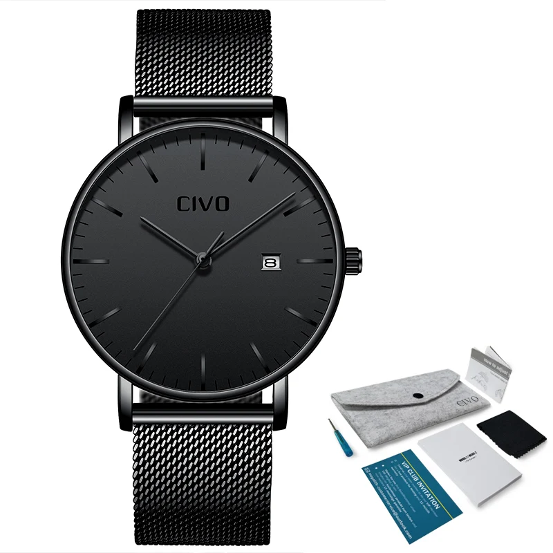 Men Watches CIVO Top Brand Luxury Waterproof Watch Ultra Thin Date Clock Male Steel Mesh Strap Businesss Casual Quartz | Наручные часы
