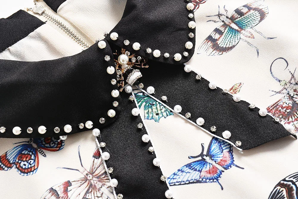 2018 Summer Black/ White Runway Dress Print Beads Bow Short Sleeves Turn down Collar Women's dress Vestidos De Festa 4223 | Женская