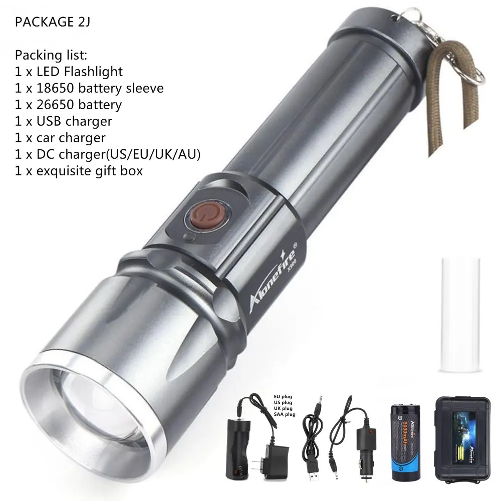 AloneFire X900 CREE XML T6 светодиодный фонарь Zaklamp алюминиевый фонарь с зумом водонепроницаемый фонарь hike 26650 аккумулятор USB зарядка - Испускаемый цвет: Package 2J