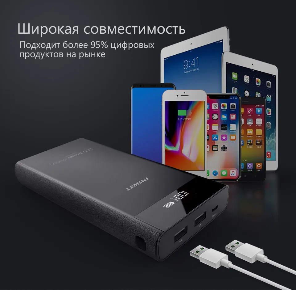 PowerBank Pisen Портативный внешний аккумулятор Общая емкость 20000 мАч Зарядное устройство для смартфонов и планшетов