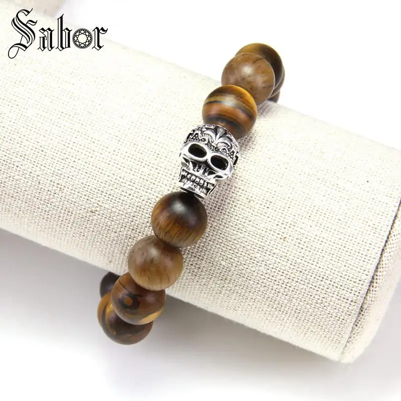 Большой Матовый браслет TIGER'S EYE с бусинами в виде черепа и лилии мужские