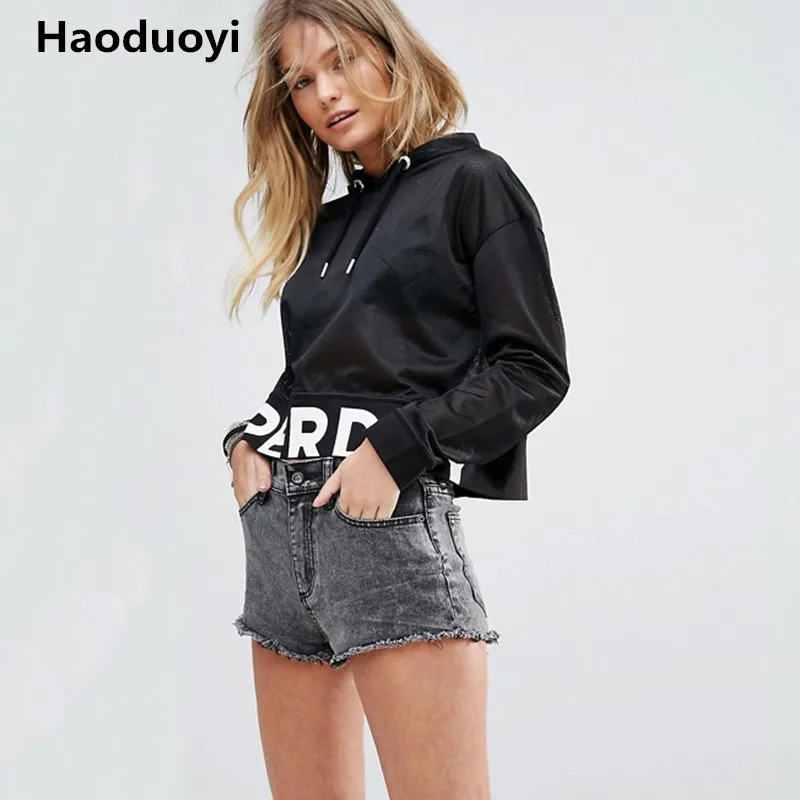 Haoduoyi сплошной черный письмо печати Для женщин кофты с капюшоном длинный рукав