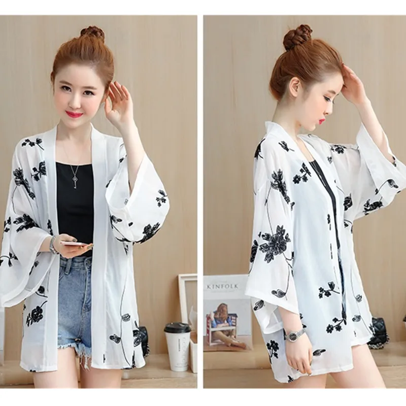 

UHYTGF New embroidered thin spring shirt tops Women's loose plus size coats chiffon cardigan shawl sun protection clothing 373
