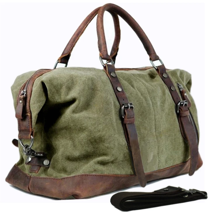 Vintage military Canvas Leather men travel bags Carry on Luggage bags Men Duffel bags travel tote large weekend Bag Overnight