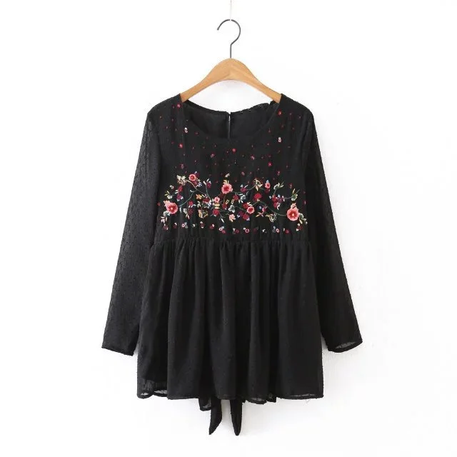 2017 new spring women vintage flower embroidery mesh blouses shirts retro black white colors back hole casual slim blusas S-L |