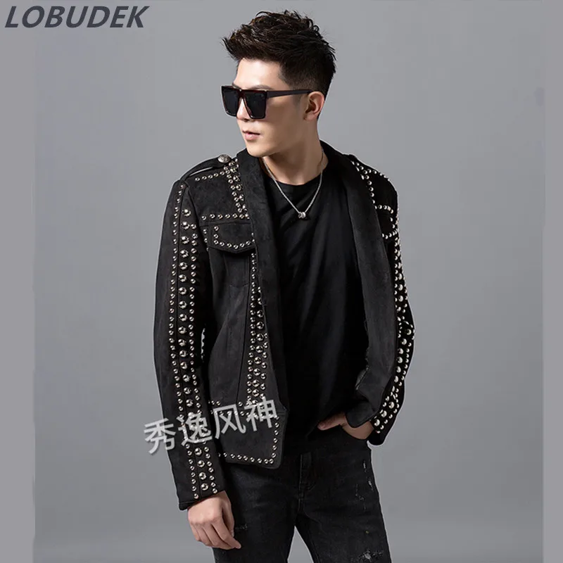 

nightclub Men's Slim black Jacket rivet Party Male Singer DJ DS bar Stage Performance Costume Fashion casual coat overcoad