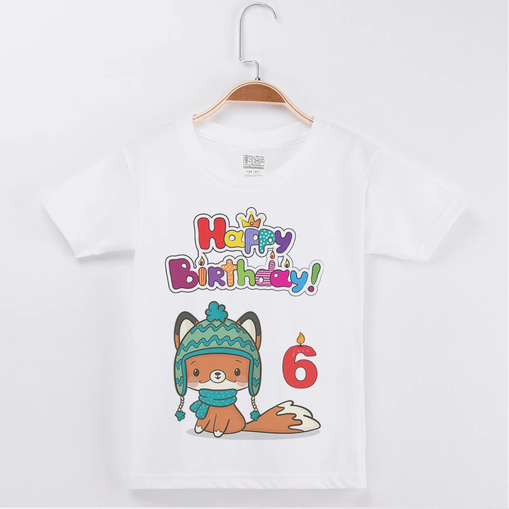 

New Brand White Short Sleeve Tees New Kids Clothes Birthday T-shirt Cartoon Fox Printing Cotton T Shirts Tops Boys Child Tshirt