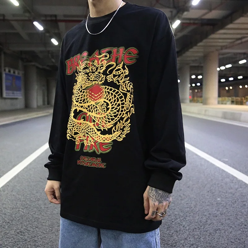 Рубашка мужская с принтом дракона Повседневный пуловер в стиле хип-хоп длинным