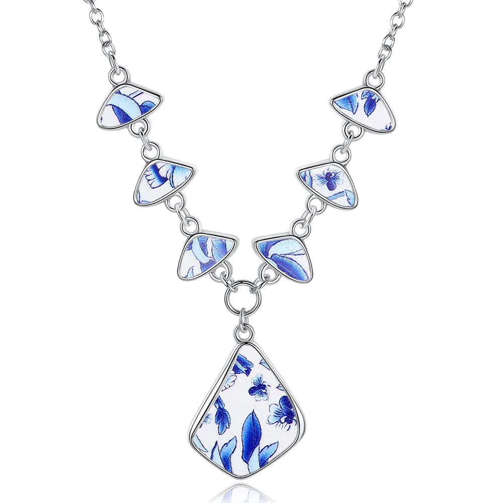 CKW Vintage Imitation Blue and White Porcelain Pendant Necklace Glass Cabochon Handmade Women Jewelry Party Gift | Украшения и