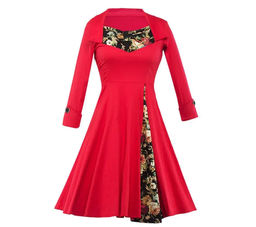 Fashion Ladies Long Sleeve Floral Polka Dots Print Patchwork Dress Casual Vintage Of 1950s 1960s | Женская одежда