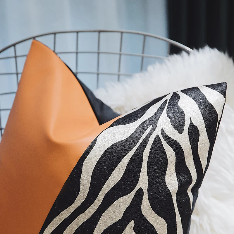 2022 Cushion Cover Decorative Pillow Case Modern Zebra Stripe PU Patchwork High Density Coussin Room Sofa Art Decor