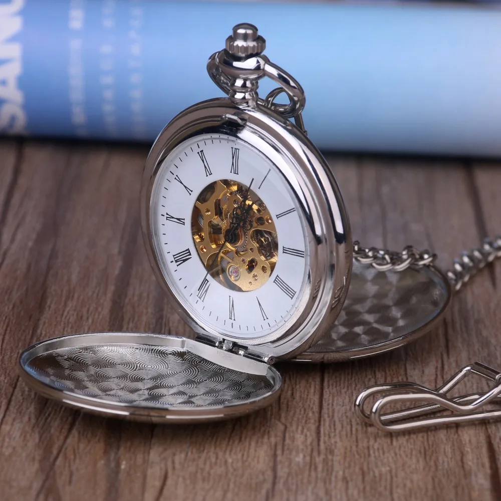 

Skeleton Roman Numerals Steel Mechanical Pocket Watch Double Silver Long Necklace with for Men/Women Silver Case
