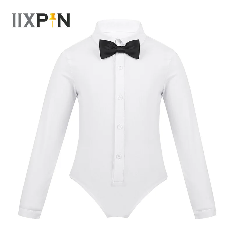

IIXPIN Kids Boys Latin Dance Costumes One-Piece Long Sleeves Lapel Bowtie Romper Shirt Leotard Bodysuit Modern Latin Dance Wear