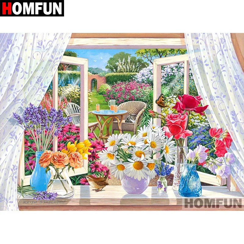 

Алмазная 5D Вышивка HOMFUN A07263 «Цветы на Windows», картина с полными квадратными/круглыми стразами, вышивка крестиком, домашний декор, подарок