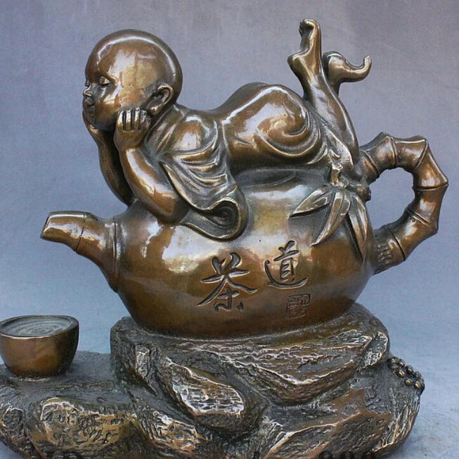 yy ymy 101++++8'' Marked Chinese Buddhism Temple Bronze Bonze Bamboo Tea Pot Flagon Cup Statue | Дом и сад