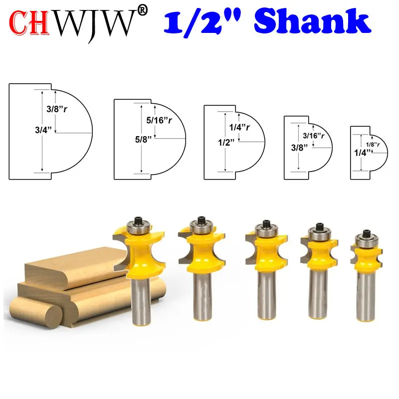 

5Pc Bullnose Router Bit Set C3 Carbide Tipped 1/2" Shank Woodworking cutter - Chwjw 13515