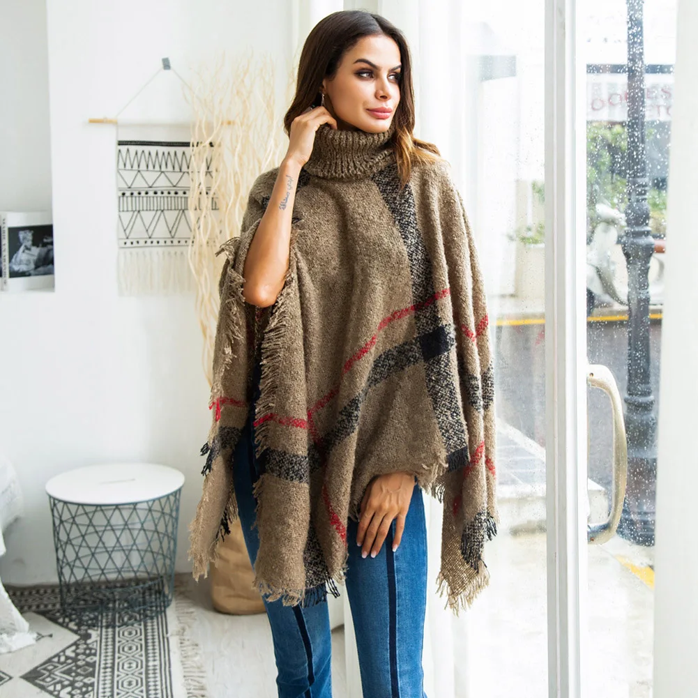 2018 Модный женский свитер накидка с крыльями летучей мыши шерстяной клетчатый