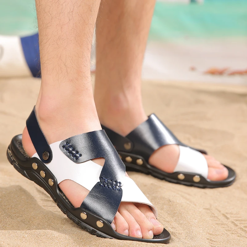 Популярная Красивая мужская пляжная обувь из натуральной кожи большие размеры