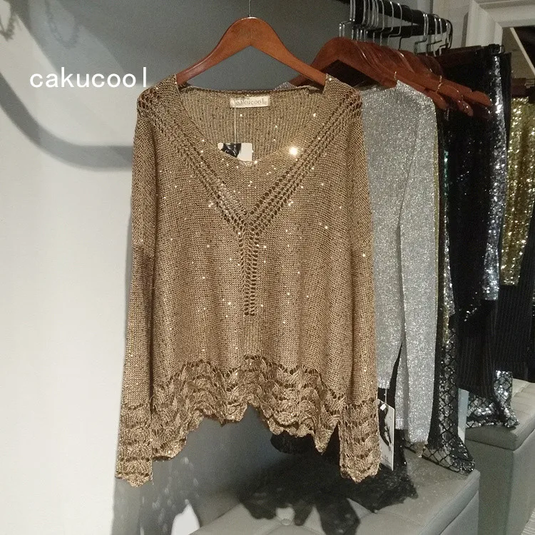 Женский трикотажный пуловер с люрексом Cakucool тонкий джемпер длинным рукавом и