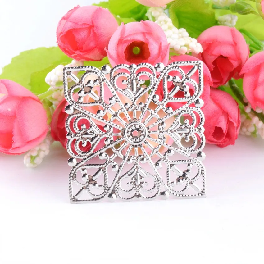 Free shipping Retail 5 Embellishment Metal Crafts Gift Decoration DIY Square Silver Tone Filigree Connectors Hollow 4x4cm F0341 | Украшения