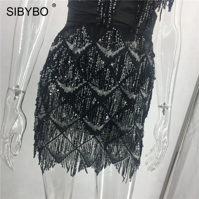 Sibybo прозрачное сексуальное женское платье с блестками и сеткой с глубоким v-образным вырезом на спине летнее Бандажное платье мини Вечерние платья для ночного клуба