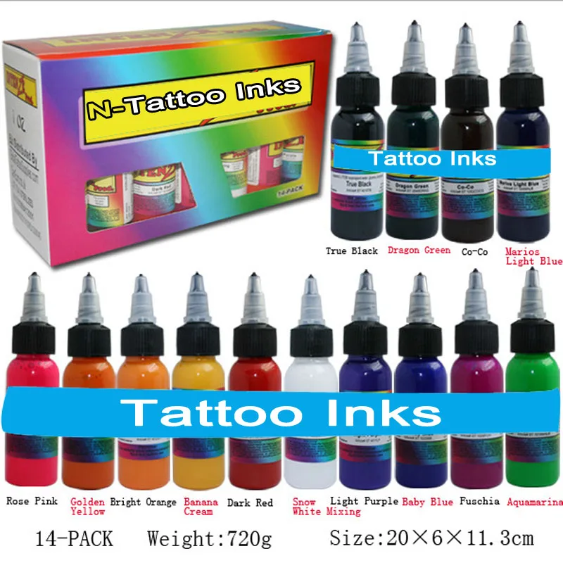14 colors with box Краски для татуировки 30 мл 1 унц. Набор пигментных чернил для татуировки 14 цветов для тату-арта комплект U-PICK каждого цвета Прямая поставка - Цвет: 14 colors with box