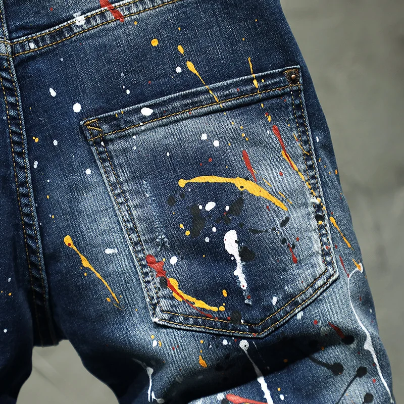 ABOORUN летние укороченные мужские джинсы Краски точка рваные Марка NEW Fashion Hi Street