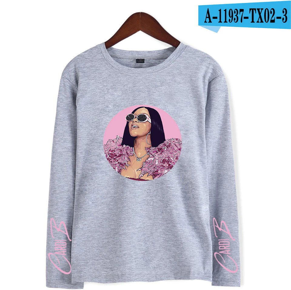 Cardi B стильная мягкая женская футболка с круглым воротником популярный классный хип-хоп классический хипстер Harajuku Уличная Повседневная футболка с длинными рукавами - Цвет: gray